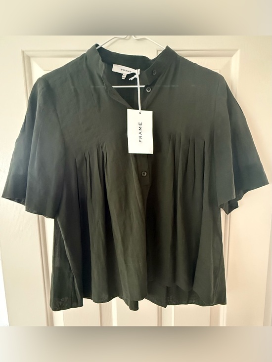 Frame Denim Tops - FRAME Dark Green Short-Sleeve Pintucked Button-Front Top